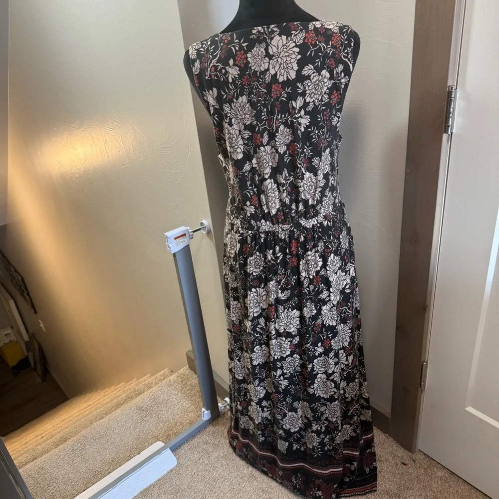 Garnet Hill Dark Floral Sleeveless Maxi Dress‎ Cinch Waist Faux Wrap Top Scoop L